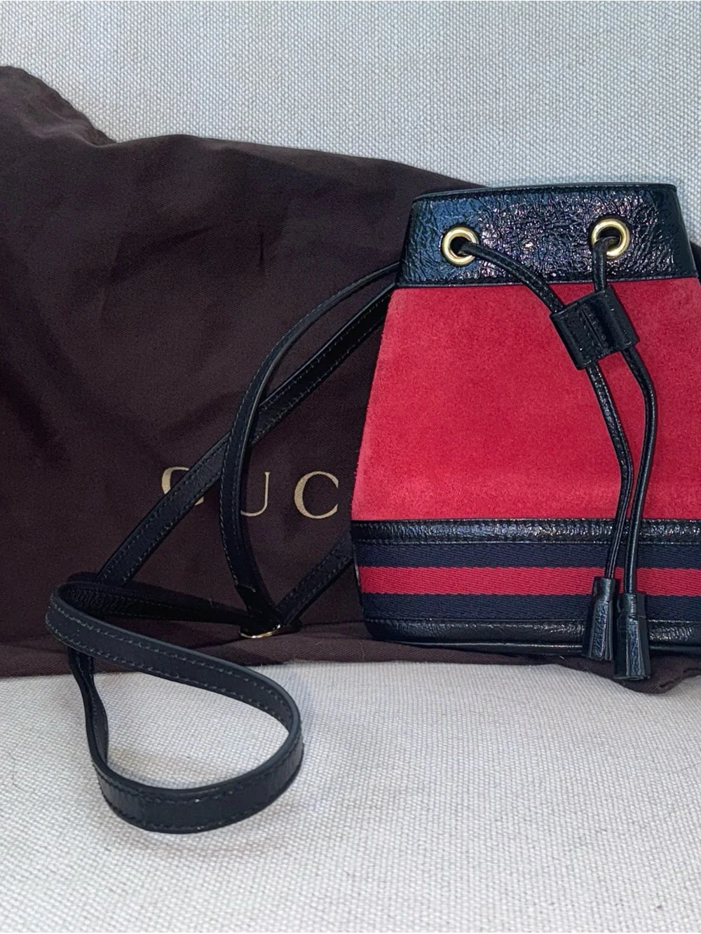 Gucci Ophidia Mini Red Suede and Black Accent Bucket Bag